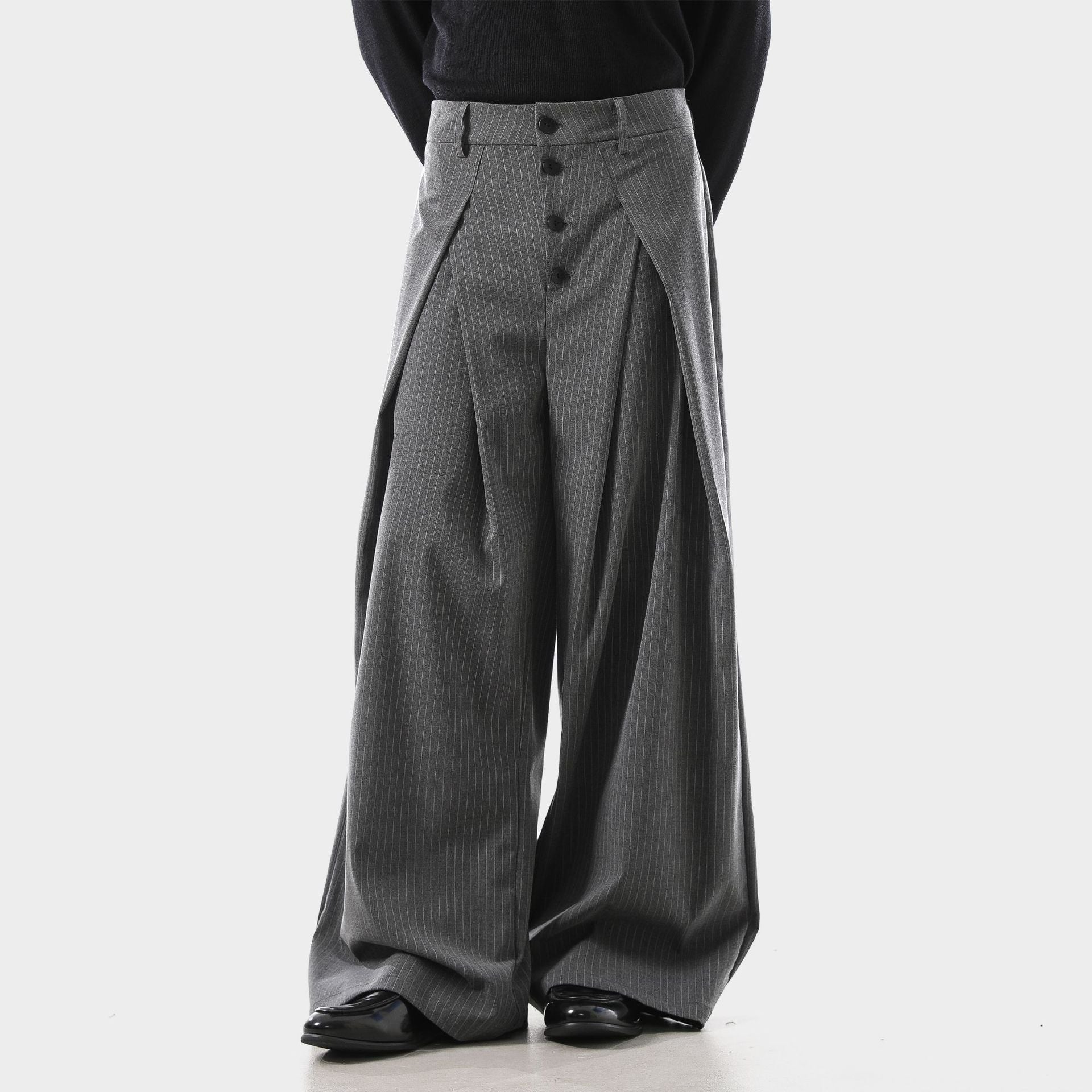 Retro Pleated Striped Button Suit Pants
