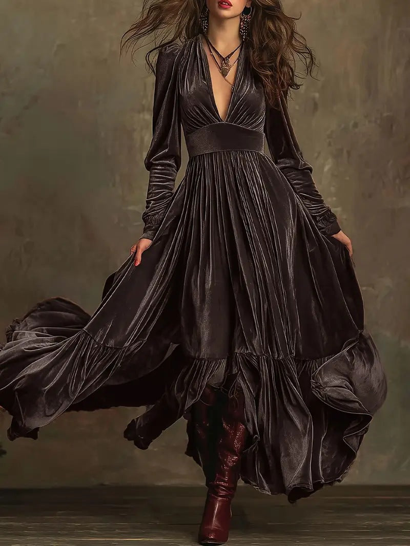 Retro Floor-length A-line Dress With Deep V-neck And Long Sleeves