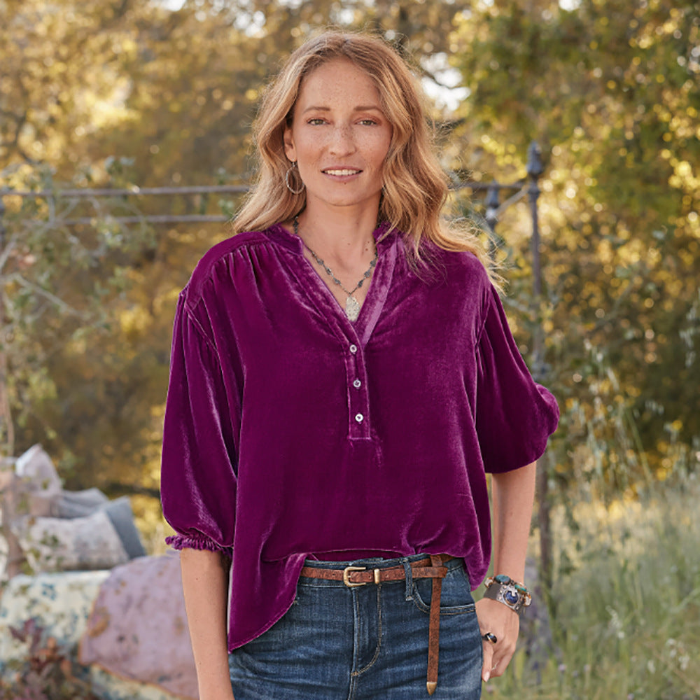 Women's Solid-color Short-sleeve Stand-collar Loose-fit Button-up Blouse