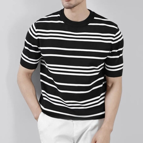 Knitted Ice Silk T-shirt Men's Short Sleeve Black And White Stripes