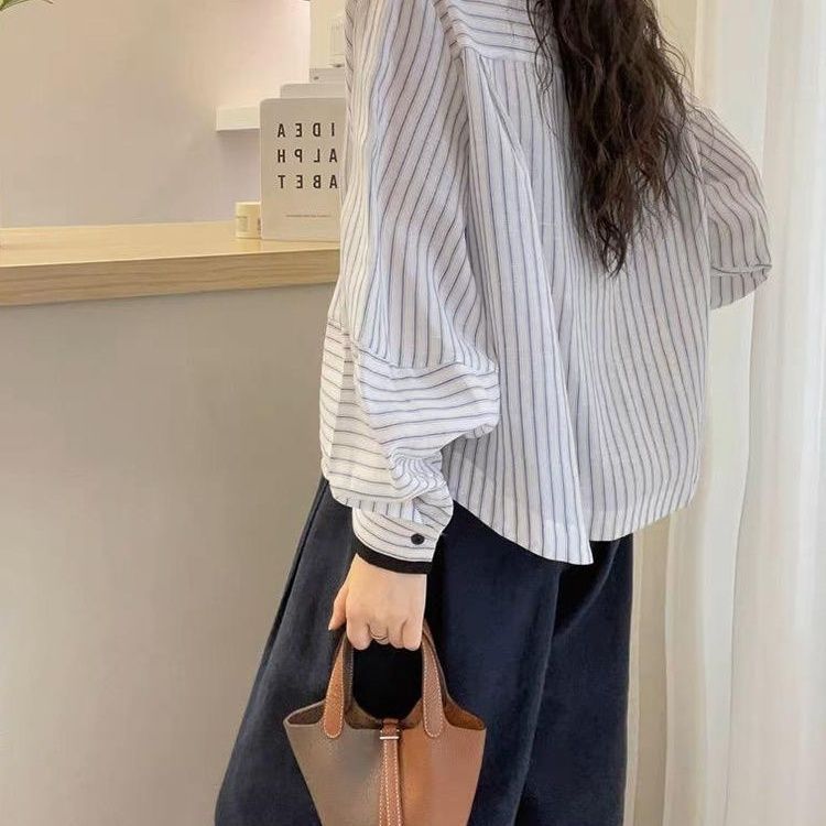 Lanternsleeve Verticalstriped Casual Blouse Women's Stylish Top