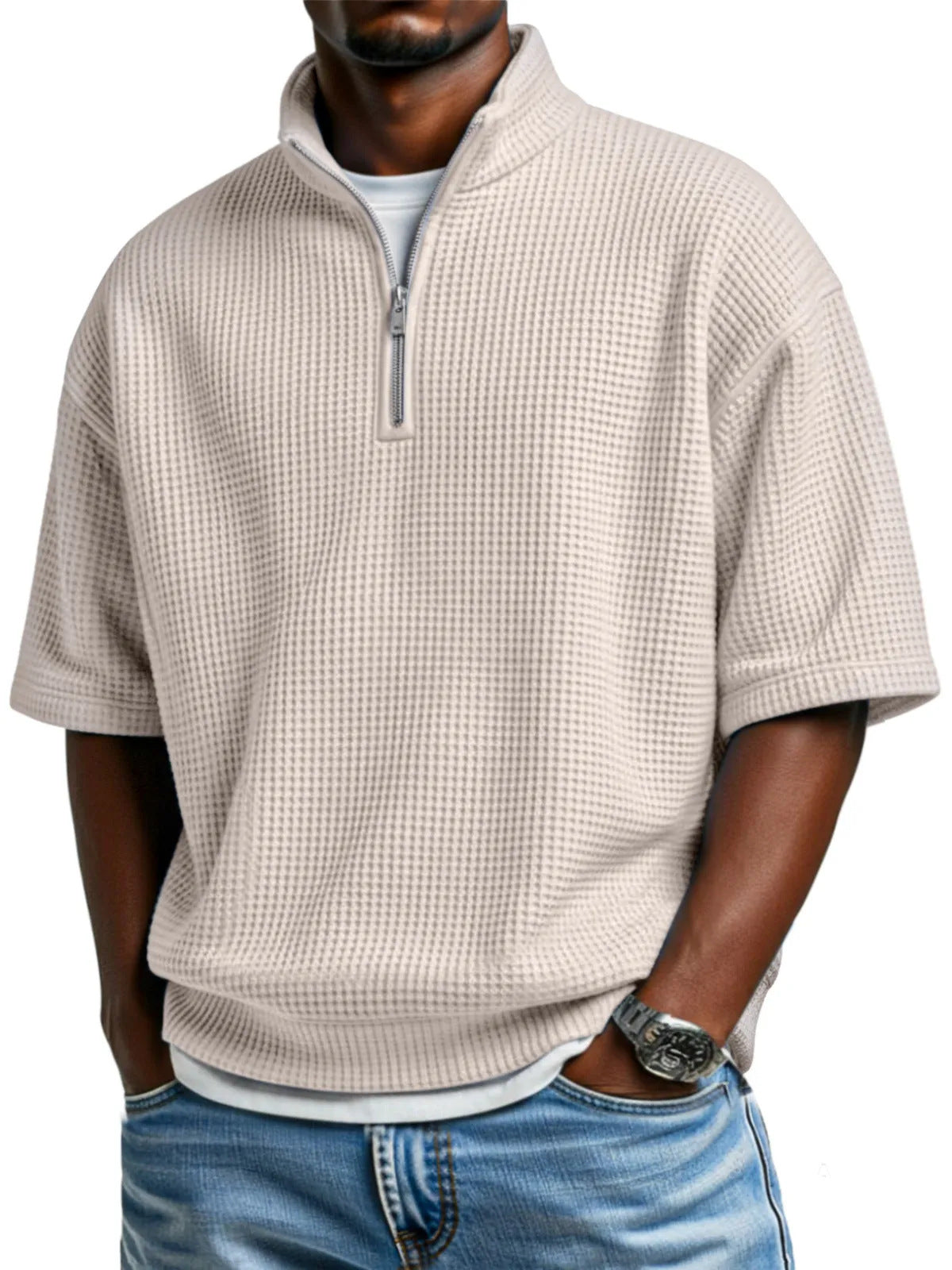 Waffle-knit Short-sleeve Polo Shirt For Men Loose-fitting Half-zip T-shirt