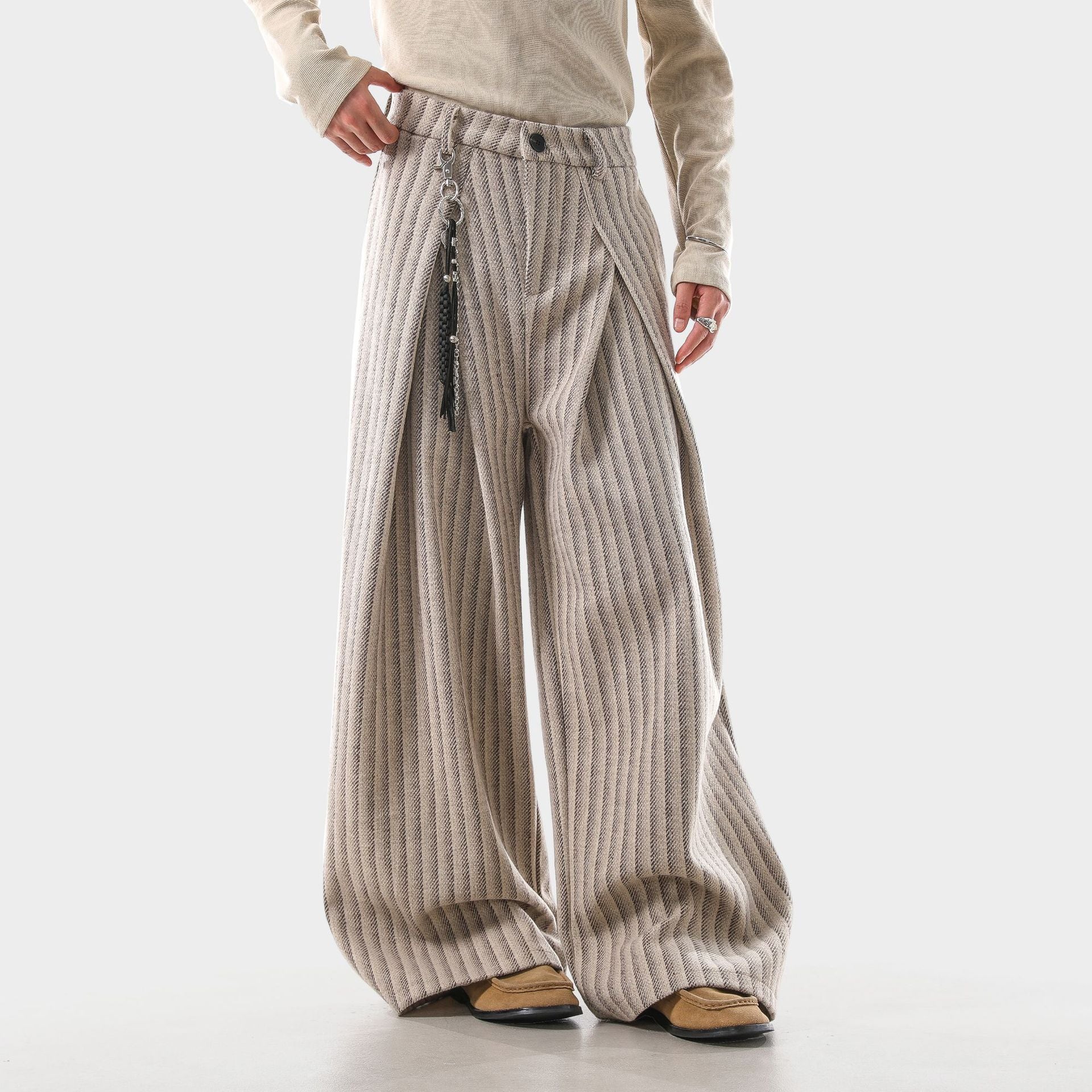 Men's Pleated Wide-leg Striped Casual Pants