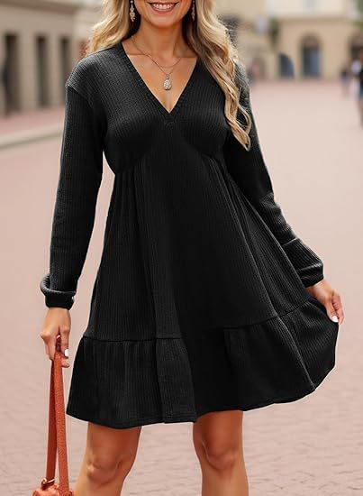 Cinched Waist V-Neck Casual Loose-Fit Straight-Shape Long-Sleeve Dress
