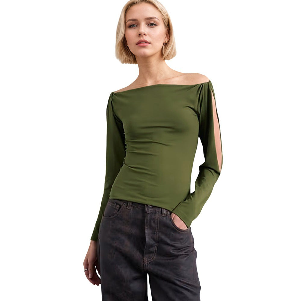 Women's Knit Top With A Boat Neckline Off-the-shoulder Design Long Sleeves Personalized Hollow-out Detailing And Twisted Cuff Accents For A Figure-hugging Fit