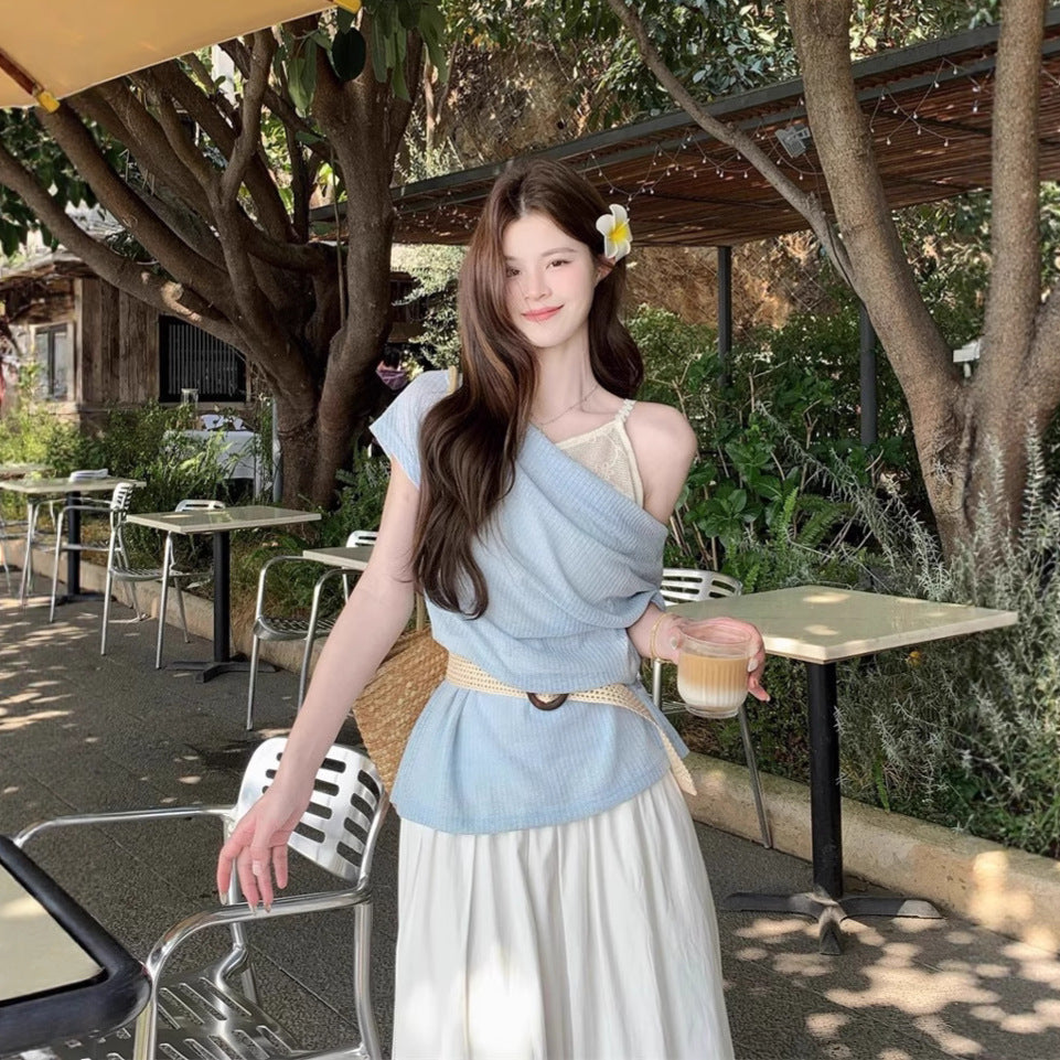 Women's Layered Outerwear Boat-neck Short-sleeve Knit Top