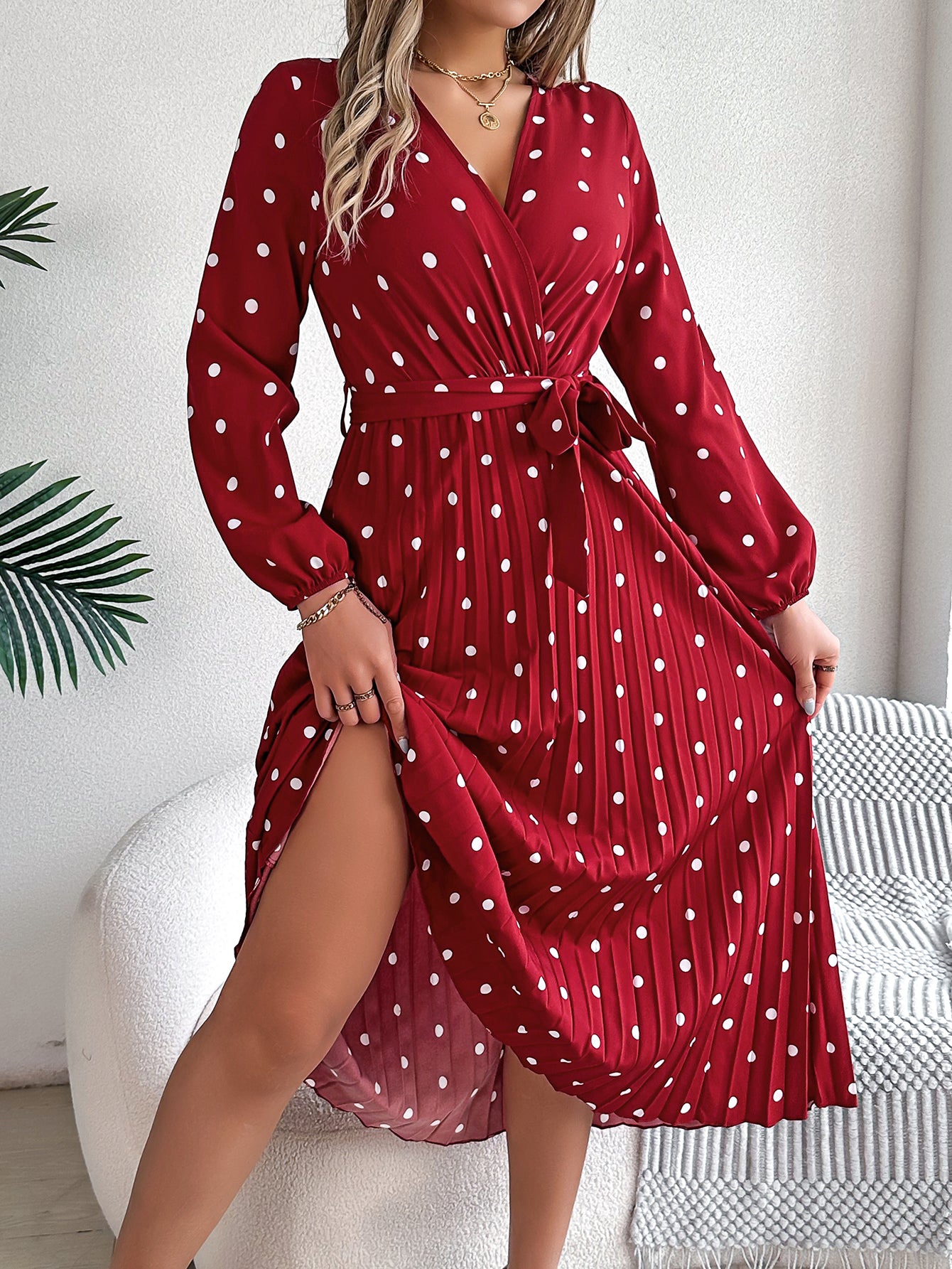 Women's Elegant Color-Blocked Polka Dot Cross V-Neck Pleated Maxi Dress