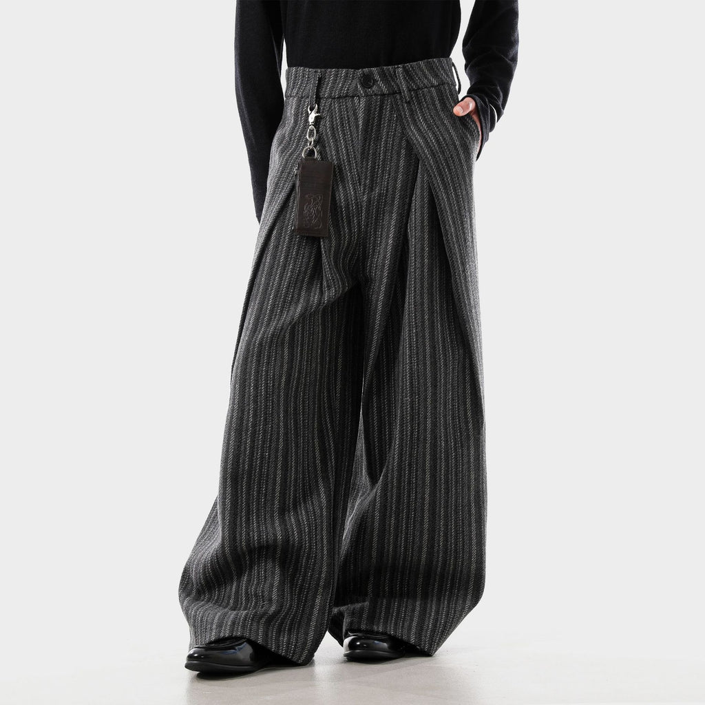 Men's Pleated Wide-leg Striped Casual Pants