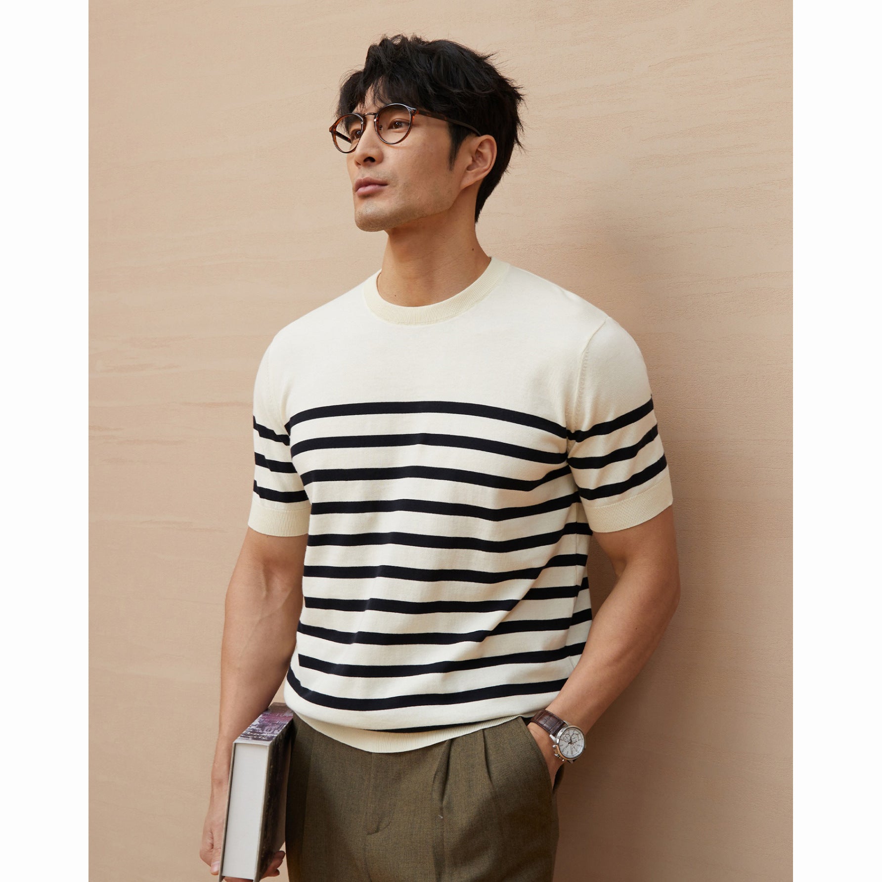 Summer New Short-sleeved Knitted Sweater Men's Striped Light Luxury Business Casual