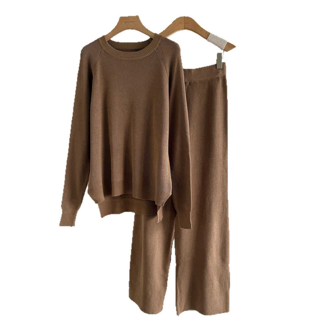 Women's Loose Knitted Long-Sleeve Crew-Neck Fashionable Wide-Leg Pants Two-Piece Set