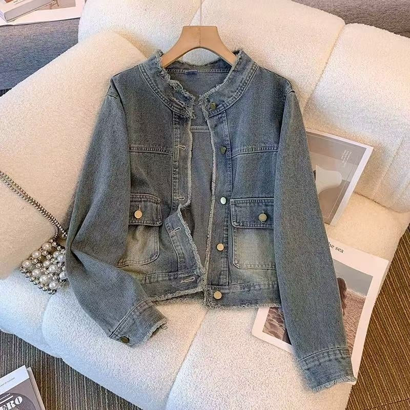 Vintage Washed And Raw-Edged Denim Jacket For Women