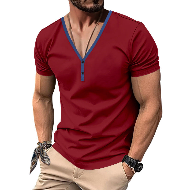 Men's European And American Casual V-neck Contrast Color Henley Slim-fit Top