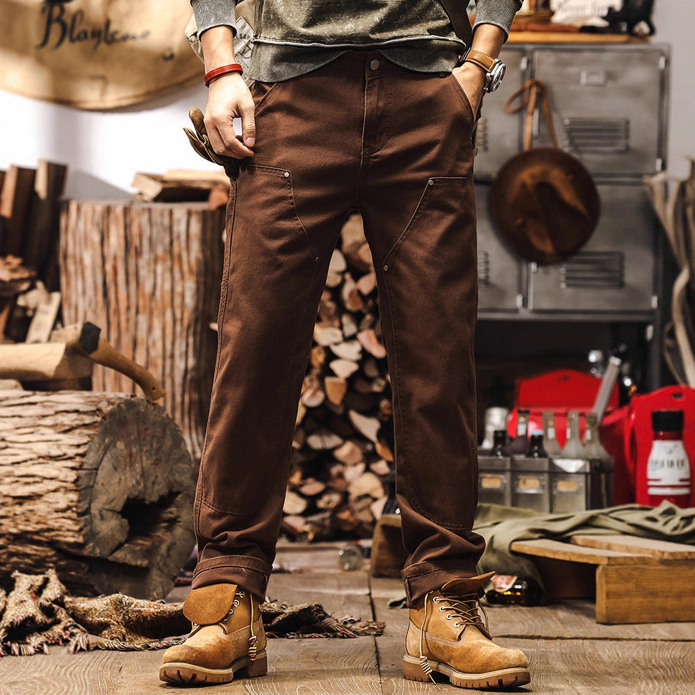 Retro Coffee-colored Denim Straight-leg Casual Trousers