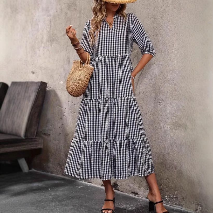 Bubble-sleeve Crew-neck Loose-fit Dubai Dress