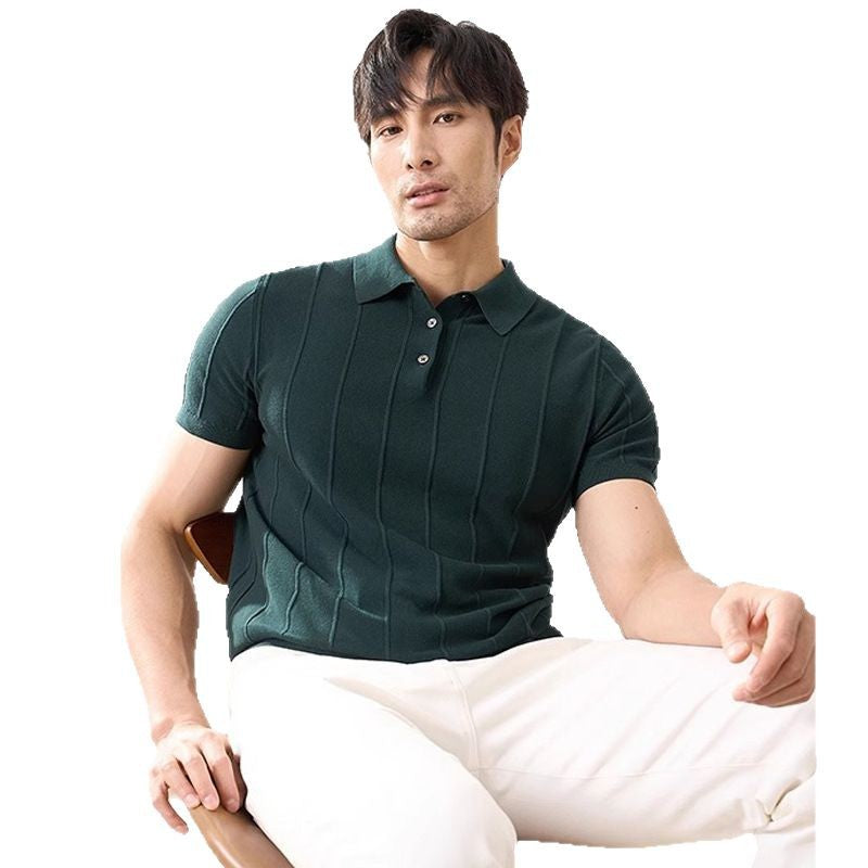 Summer New Short Sleeve Knitted Shirt Men Lapel Business Slim Vertical Stripe
