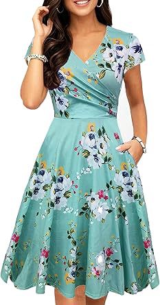 Women's Retro Floral Print Polka-Dot V-Neck Full-Sleeve Casual Dress With Pockets