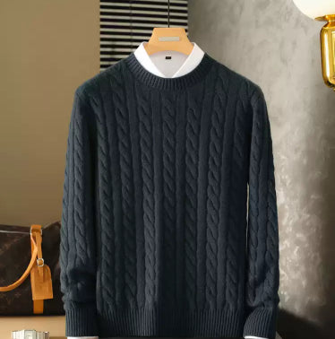 Pure Cashmere Sweater Round Neck Double-ply Cable Knit Thickened Warm Base Layer