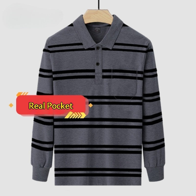 Men's Solid-color Long-sleeve Top With A Turn-down Collar And Real Pockets