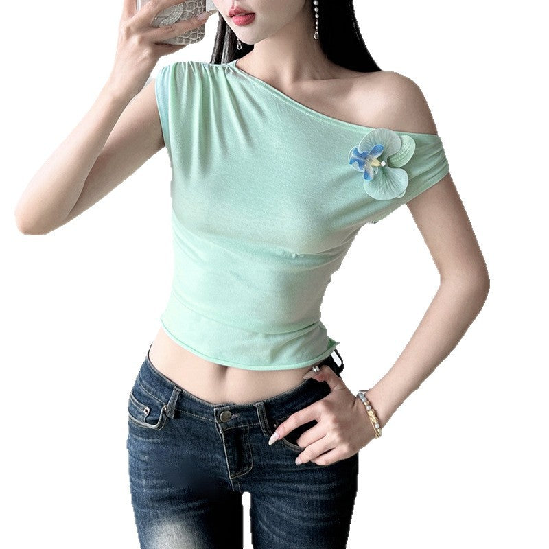 Girly, Sexy, Off-the-Shoulder Pleated 3D Floral Short-Sleeve Cropped T-Shirt