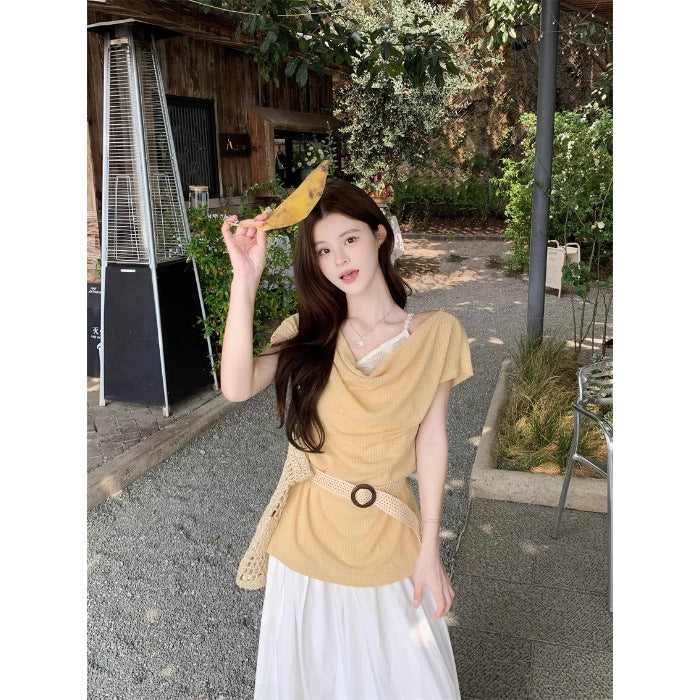 Women's Layered Outerwear Boat-neck Short-sleeve Knit Top