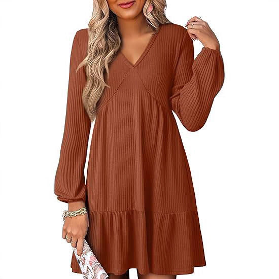 Cinched Waist V-Neck Casual Loose-Fit Straight-Shape Long-Sleeve Dress