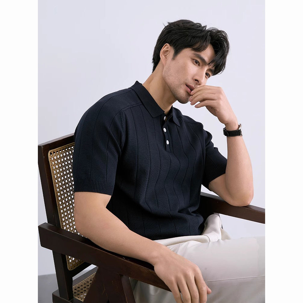 Summer New Knitwear Ice Silk Short Sleeve Men's Striped Slim Fit