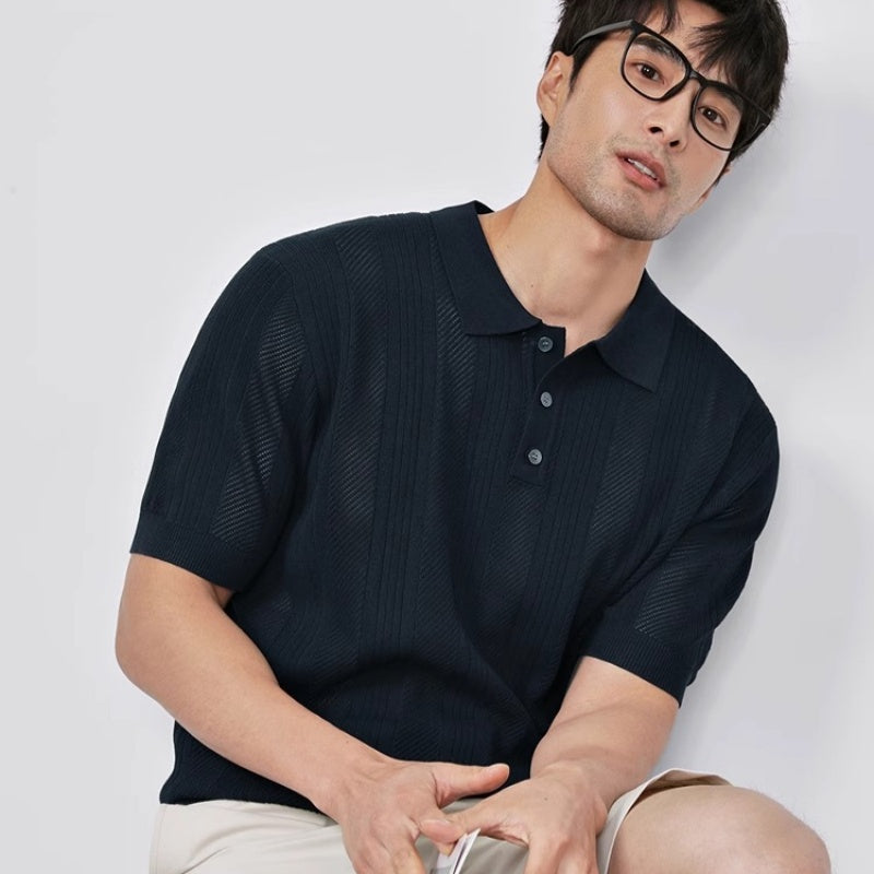 Summer New Hollowed Out Lapel Knit Men's Fashion Casual Short Sleeve