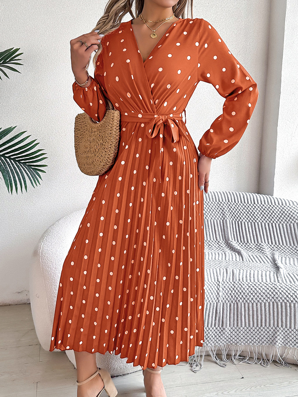 Women's Elegant Color-Blocked Polka Dot Cross V-Neck Pleated Maxi Dress