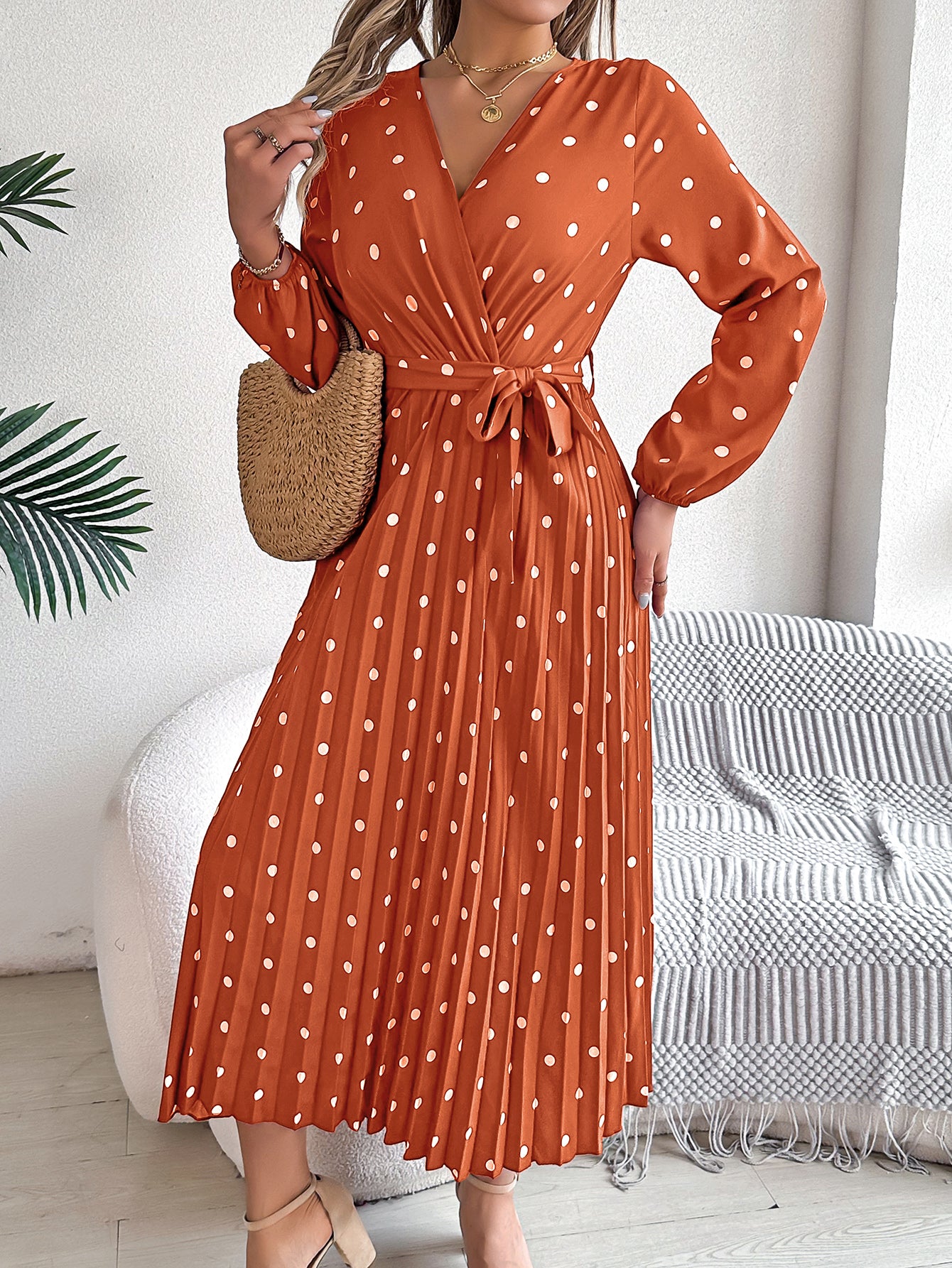 Women's Elegant Color-Blocked Polka Dot Cross V-Neck Pleated Maxi Dress