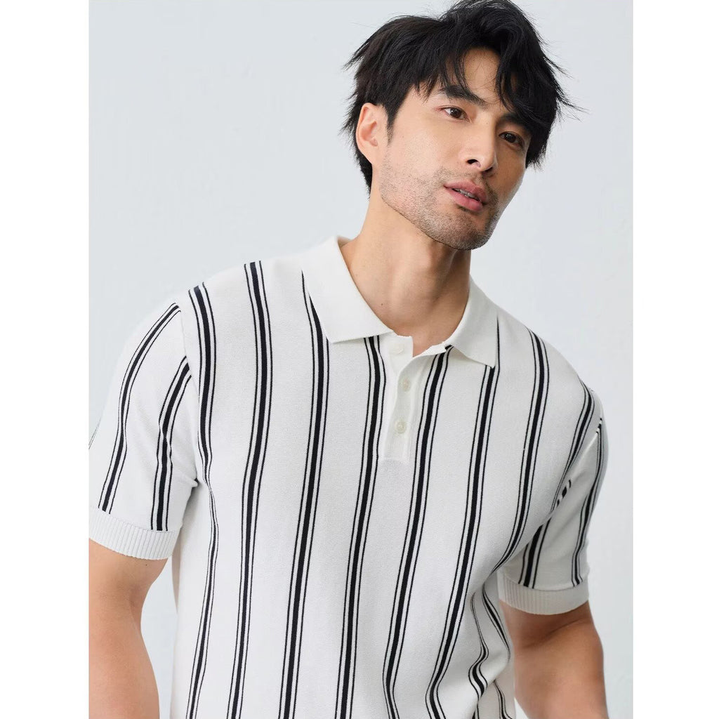 Men's Striped Short-sleeve Knitted Shirt With Lapel