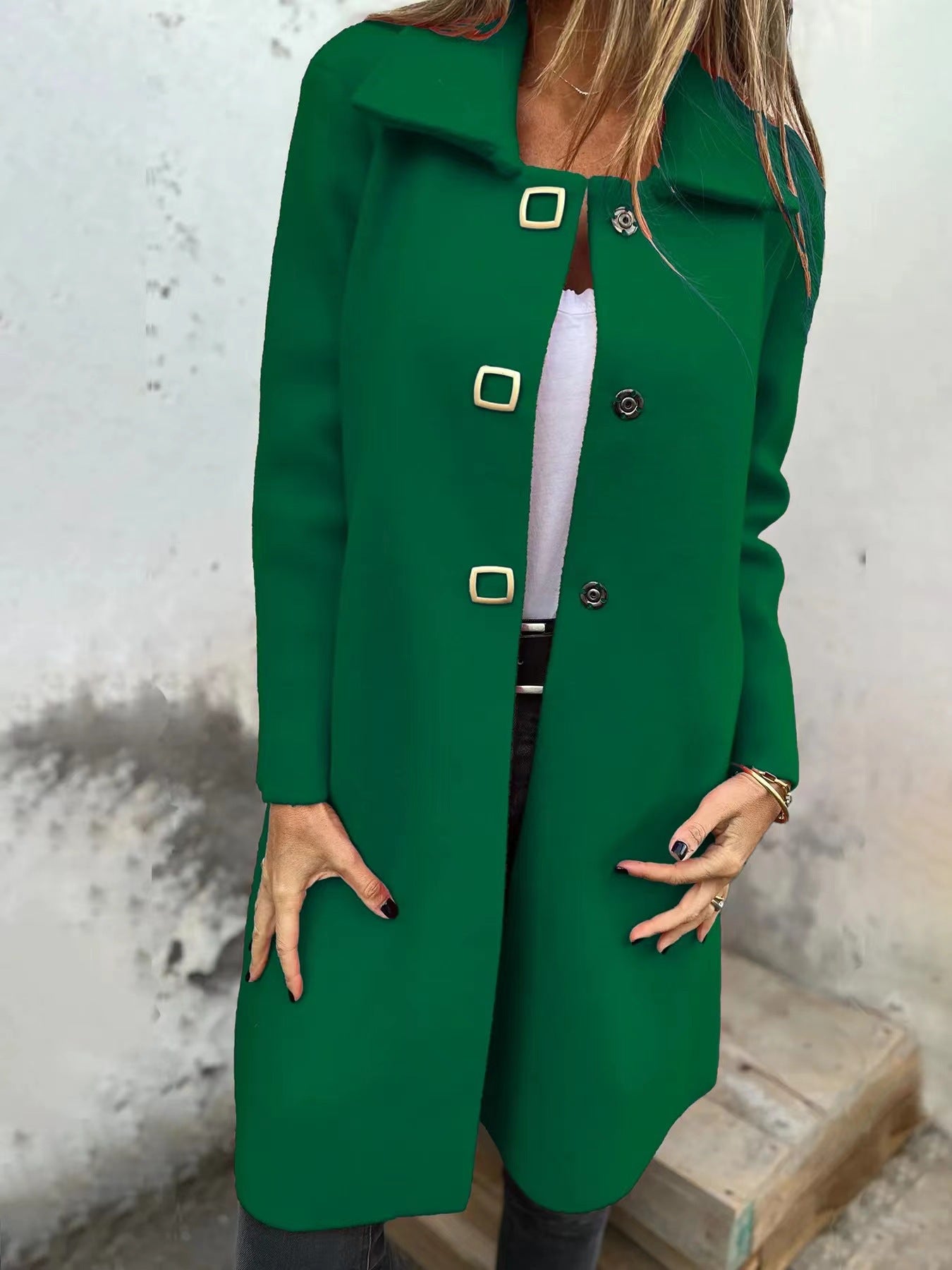 Women's Solid-color Mid-length Wool Coat With A Single-breasted Design
