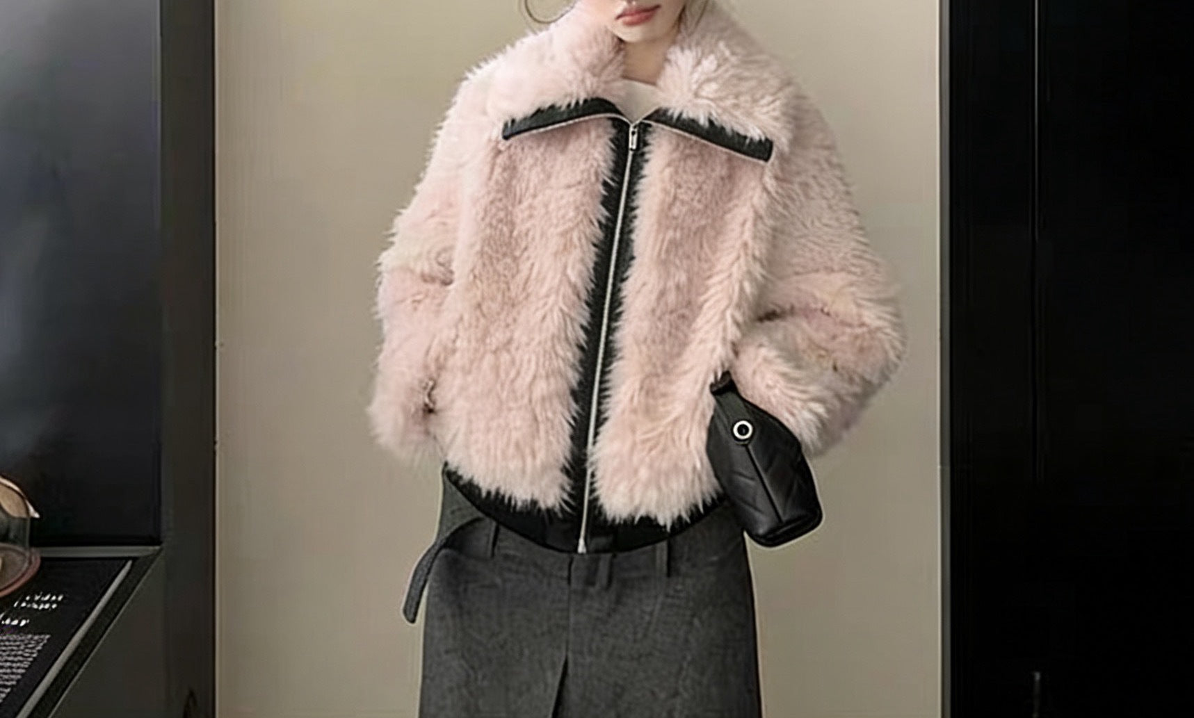 Design-oriented Eco-friendly Wool-and-PU-leather Blend Lapel Jacket