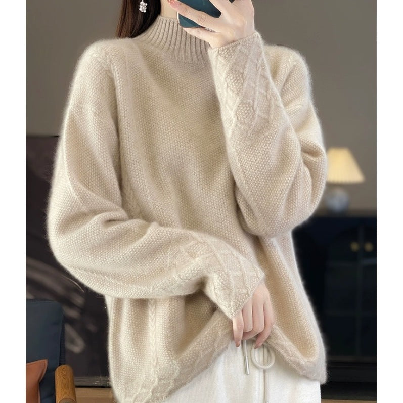 Retro Jacquard Knitted HalfHigh Neck Base Sweater Loose Effortless Base Top