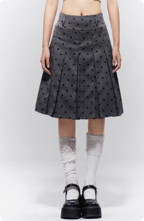 Gray Pleated Polka Dot Midi Skirt For Women, Reversible
