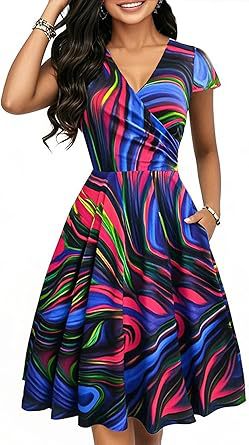 Women's Retro Floral Print Polka-Dot V-Neck Full-Sleeve Casual Dress With Pockets