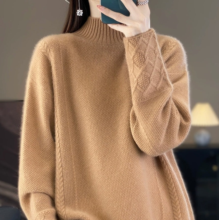 Retro Jacquard Knitted HalfHigh Neck Base Sweater Loose Effortless Base Top