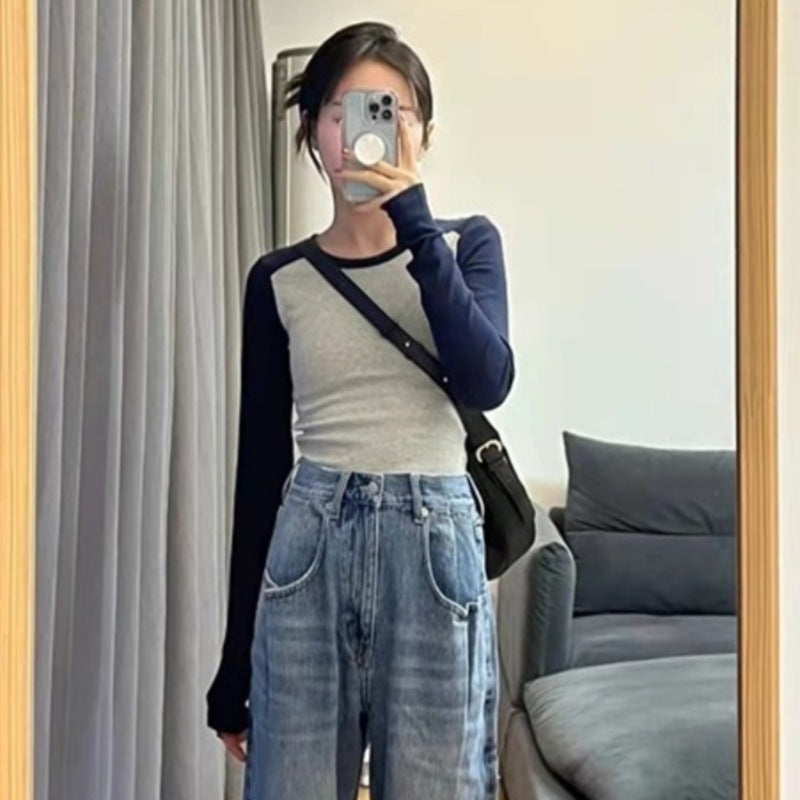 American-style Vintage Long-sleeve Knit Contrast-color Crewneck Slim-fit Patchwork Top