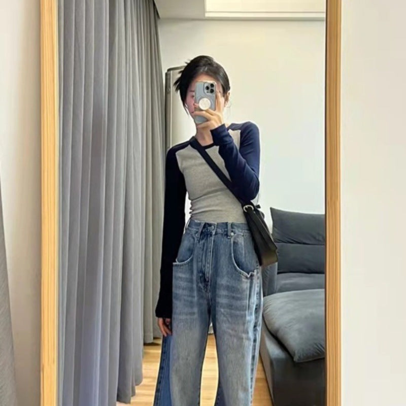 American-style Vintage Long-sleeve Knit Contrast-color Crewneck Slim-fit Patchwork Top