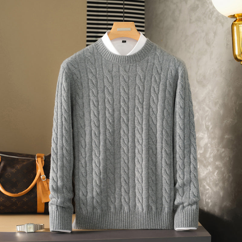 Pure Cashmere Sweater Round Neck Double-ply Cable Knit Thickened Warm Base Layer