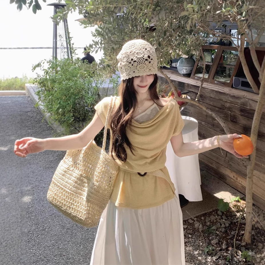 Women's Layered Outerwear Boat-neck Short-sleeve Knit Top