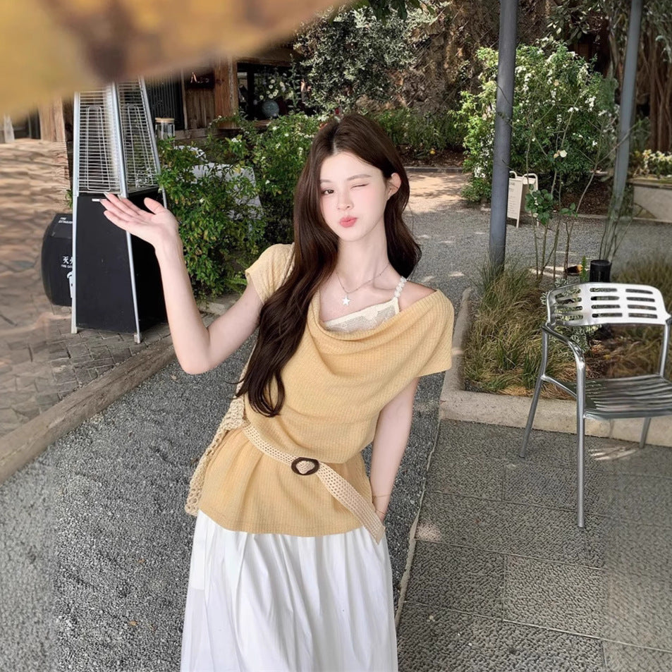 Women's Layered Outerwear Boat-neck Short-sleeve Knit Top