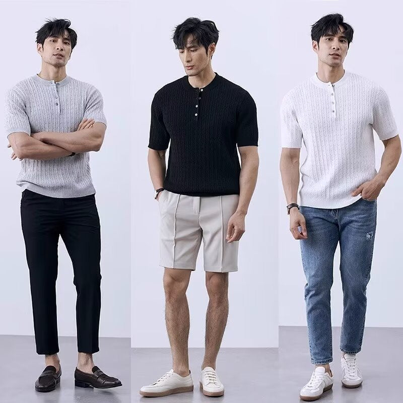 Simple And Slim-fit Round-neck High-end Casual Knit Short-sleeve Shirt For Men