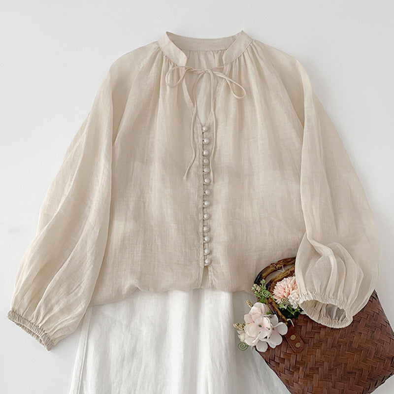 Women's Loose Cotton And Linen Single Row Button Tied Shirt