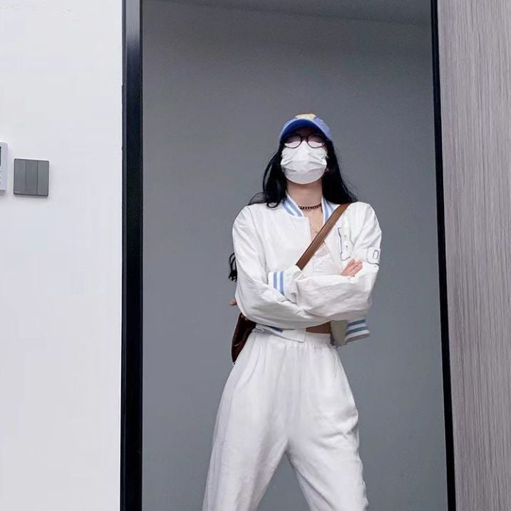 Collegiate-style Loose-fitting Cropped Baseball Jacket With Embroidery