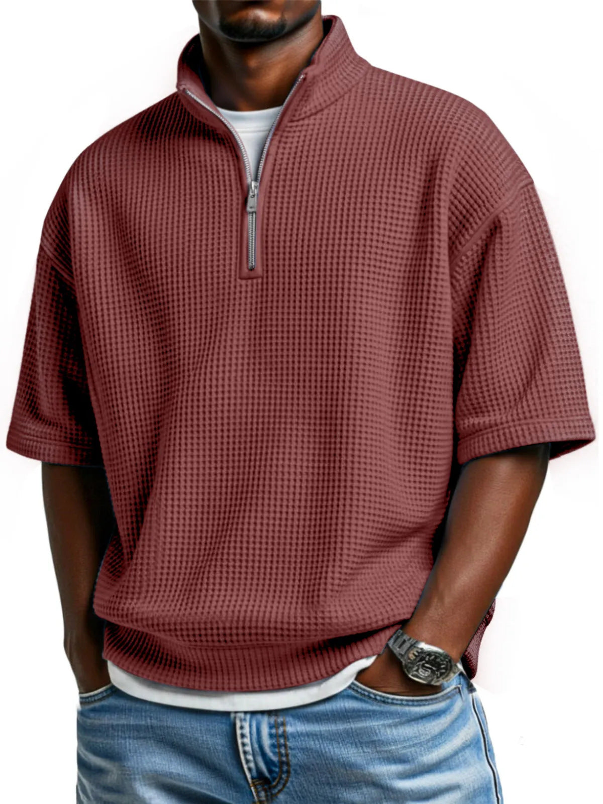 Waffle-knit Short-sleeve Polo Shirt For Men Loose-fitting Half-zip T-shirt