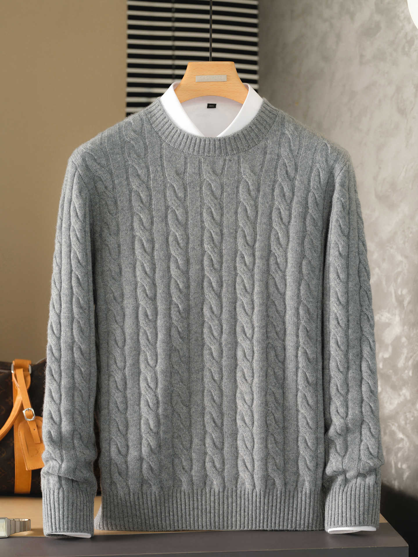 Pure Cashmere Sweater Round Neck Double-ply Cable Knit Thickened Warm Base Layer