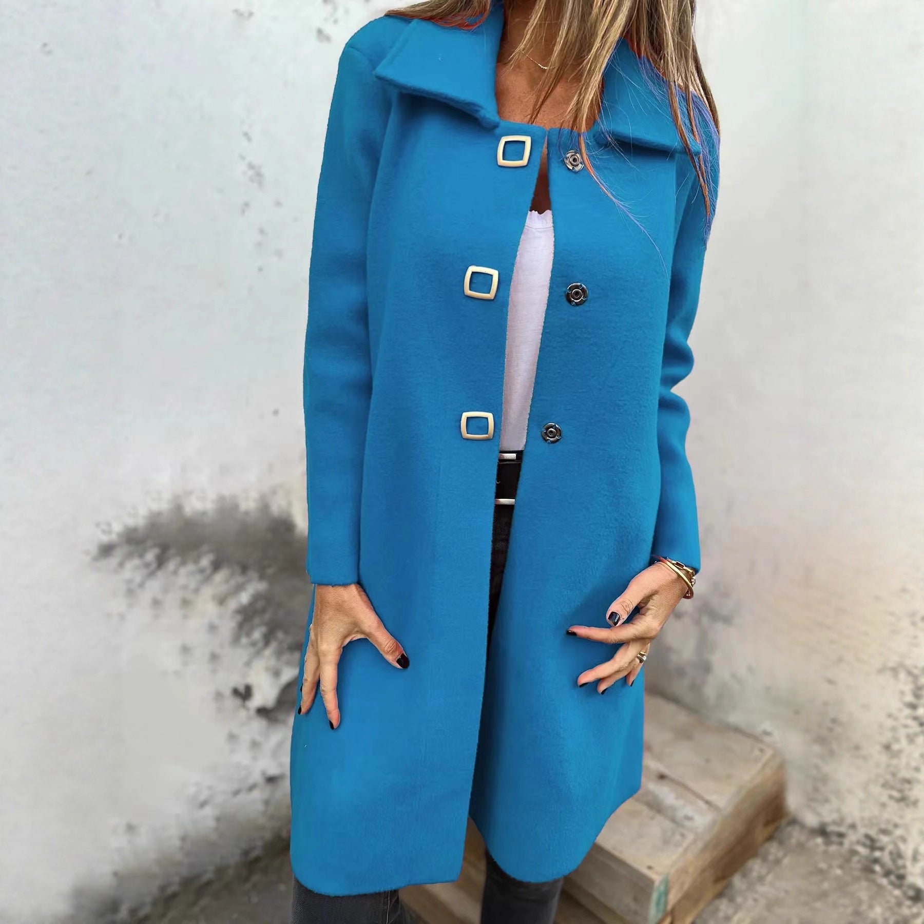 Women's Solid-color Mid-length Wool Coat With A Single-breasted Design