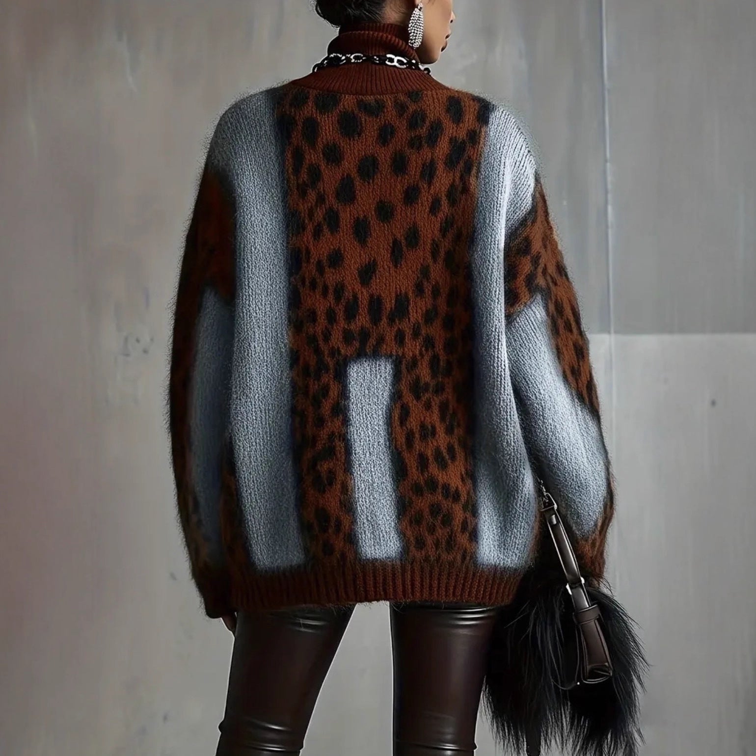 Leopard Print Loose Fit Vintage Patchwork Knit Sweater
