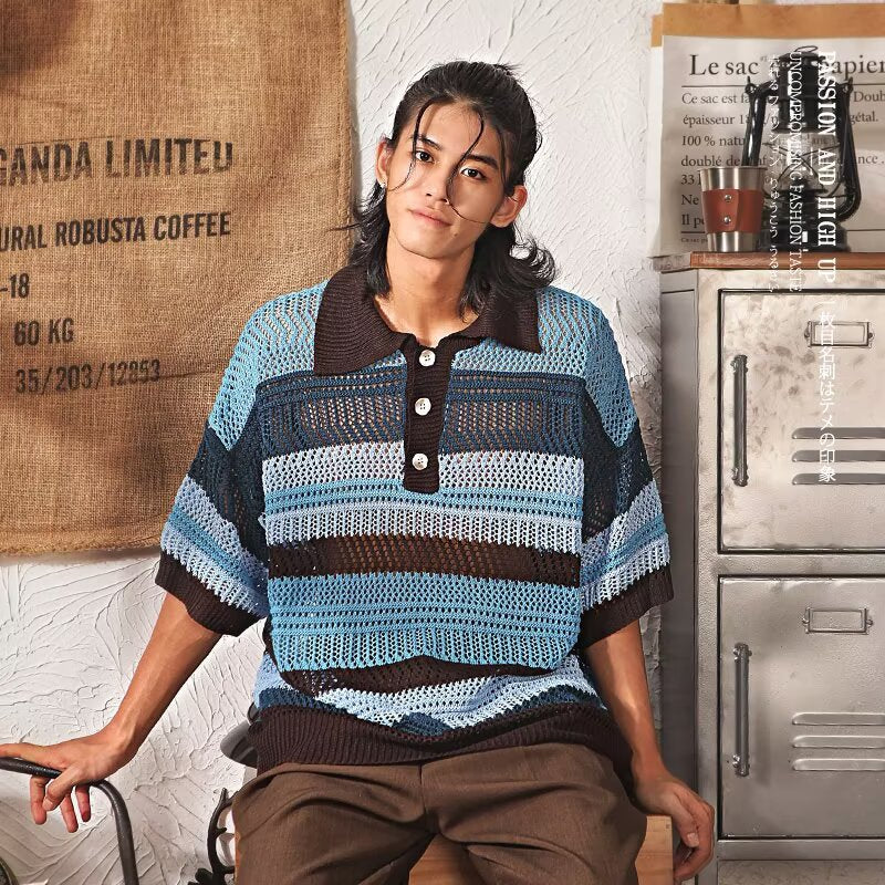 Color-block Striped Hollow-out Knit Retro Lapel T-shirt