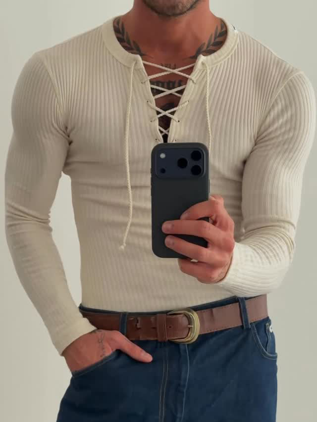 Beige Ribbed Knit Lace-Up V-Neck Long Sleeve Top